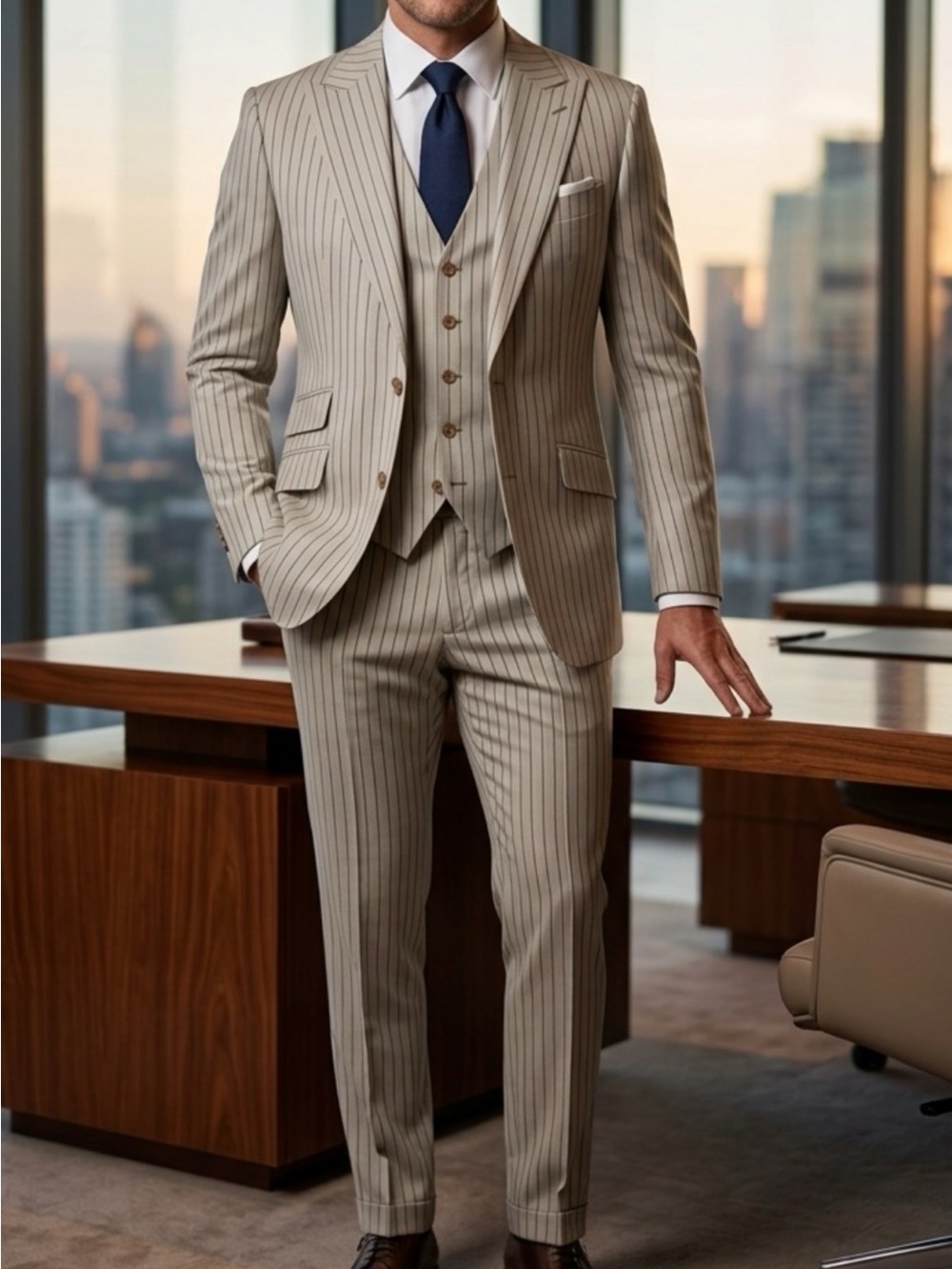 Men's Three-Piece blue Pinstripe Suit in Light Beige
Made in Italy